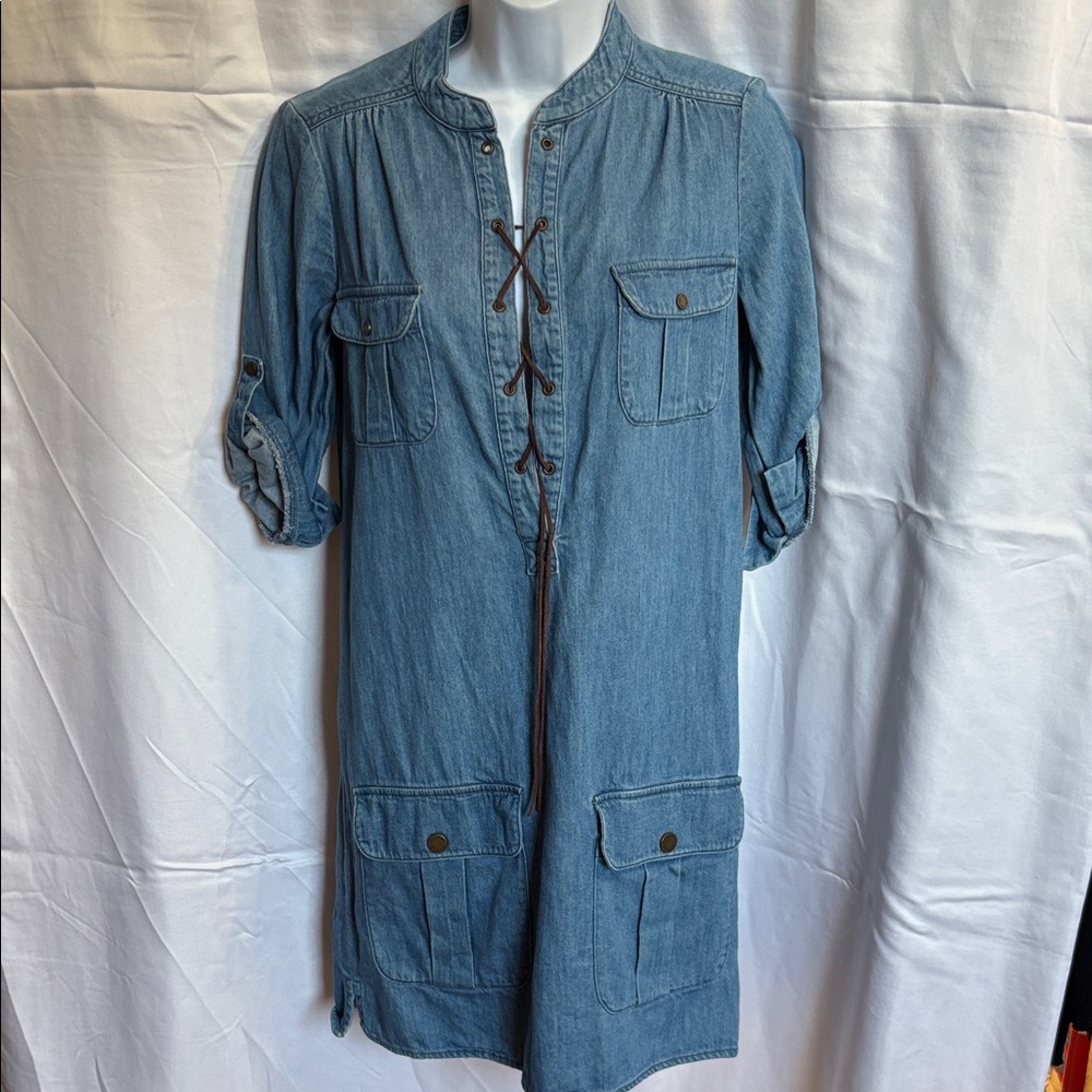 Denim Midi Dress with Lace-Up Front